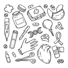 black and white drawing of medical items