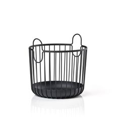 a black wire basket with handles on the top and bottom, in front of a white background