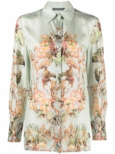 Green silk floral-print silk shirt from ALBERTA FERRETTI featuring all-over floral print, front button fastening, pointed flat collar, long sleeves and straight hem. | Alberta Ferretti Floral-Print Silk Shirt Beautiful Wardrobe, Pointed Flat Collar, Silk Tops, Printed Silk Shirt, Flat Collar, Flower Shirt, Alberta Ferretti, Green Silk, Silk Shirt