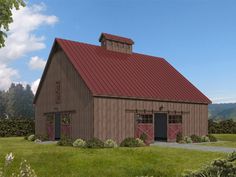 a large barn with a red roof and two doors