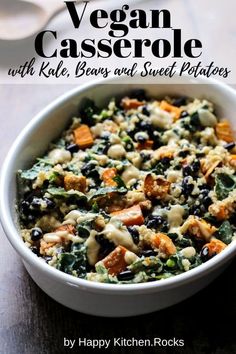 the cover of vegan casserole with kale, beans and sweet potatoes