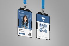 two id cards with blue lanyards attached to each one's neckline