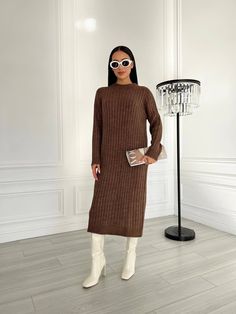 wool and acrylic yarn, it's not itchy and feels pleasant to the skin.  *Dress length is 118 which is 46,4 inches Sleeve length is 65 cm or 25 1/2 inches Shoulder length 3 1/2 inches or 9 cm Perfectly combines with all boots and shoes Material: 50% wool 50% acrylic SIZES The dress is available in 3 sizes  S/M which corresponds to 4/6 US numeric L which corresponds to 8/10 US numeric XL which corresponds to 12 US numeric PAYMENT You can pay for your order with a credit card! Write me a message and I'll send you instruction from ETSY   SHIPPING Standard shipping takes around 14-20 days If you want to have express shipping, please, upgrade your option while checking out. QUESTIONS If you hesitate or want to make sure the skirt fits you, write me a message, I'll gladly help you. Brown Knit Long Sleeve Sweater Dress, Winter Ribbed Brown Sweater Dress, Chic Brown Knit Sweater Dress, Winter Brown Ribbed Sweater Dress, Brown Ribbed Midi Sweater Dress, Brown Knit Dresses For Fall, Fitted Brown Knit Sweater Dress, Brown Fitted Knit Sweater Dress, Ribbed Brown Sweater Dress For Fall