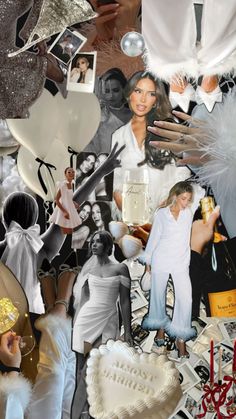 a collage of women dressed in white and holding champagnes, cake, and other items