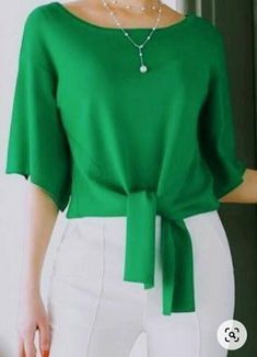 African Fashion Women Clothing, Classy Work Outfits, Women Blouses, Green Top, New Top, White Pants