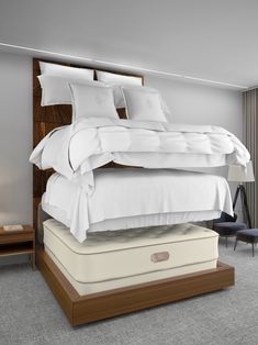 Sleep Collection Folded Bed Showroom, Hotel Mattress, Euro Pillows, Plush Mattress, Full Mattress, Hotel Luxury, White Duvet, Feather Pillows, Firm Mattress