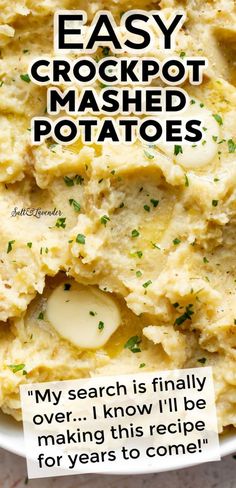 an easy crockpot mashed potatoes recipe in a bowl with text overlay