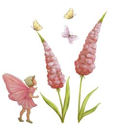 a little fairy standing next to some pink flowers