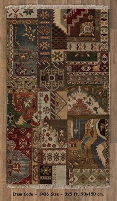 a patchwork rug with many different colors and patterns on the front, side, and back