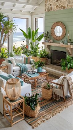 a living room filled with lots of furniture next to a fire place covered in plants