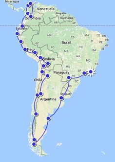 a map showing the route to different destinations in latin america and south america, including brazil