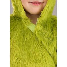 a young boy wearing a green furry costume