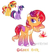 three little ponys that are standing next to each other with the words golden hour on them