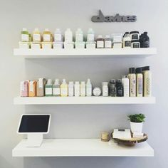 the shelves are filled with different types of beauty products