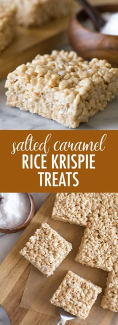 salted caramel rice krispie treats on a cutting board