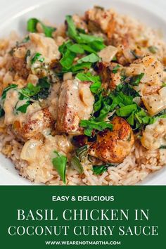 a white bowl filled with pasta and meat covered in sauce, garnished with fresh greens