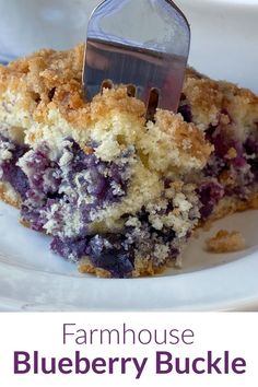 a piece of blueberry crumb cake on a plate with a fork in it