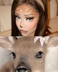 @stenss | Deer makeup look #halloween #halloweencostumeideas #deer #halloweenmakeupideas Deer Halloween Costumes Aesthetic, Cow Cosplay Makeup, Animal Makeup Ideas, Lamb Makeup Halloween, Halloween Makeup Animals, Fawn Makeup Deer, Cute Animal Makeup, Halloween Makeup Deer, Deer Hairstyle