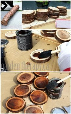 the process of painting wood slices with acrylic paint is shown in three pictures