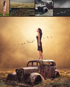 a woman standing on top of an old car in the middle of a field with birds flying around