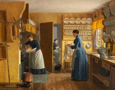 a painting of two women in a kitchen with dishes on the table and a dog