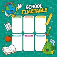 the back to school timetable is shown with books, pencils and an apple on it