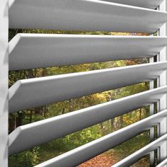 an open window with white blinds in front of trees and leaves on the outside wall