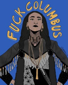 a drawing of a woman with long black hair and an eagle on her chest, standing in front of a blue background