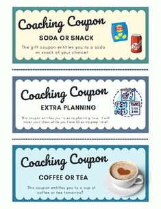 three coupons with coffee and tea on them, one is for coaching coupon