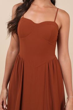 Forget dressing to the nines, because when you slip on the Lulus Exuding Excellence Brown Sleeveless Bustier Maxi Dress you'll always be a ten! Airy woven chiffon shapes this event-ready dress that falls from adjustable spaghetti straps into a sweetheart neckline and a bustier-inspired bodice with seamed, lightly padded cups. Basque-style waist features light gathering at the sides as it continues into a cascading, A-line maxi skirt. Hidden back zipper/clasp. Fit: This garment fits true to size. Length: Floor length. Size medium measures 53.88" from adjustable straps to hem. Bust: Great for any cup size. Waist: Fitted - very fitted at natural waist. Hip: Not Fitted - fuller skirt allows room for hips. Undergarments: Padded cups - May be worn with an adhesive bra, petals, or no bra. Fabric: Dressed To The Nines, Adhesive Bra, The Nines, Feature Light, Full Skirt, Sweetheart Neckline, Always Be, Floor Length, Maxi Skirt