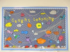 a bulletin board that says caught learning with fish and marine life on it's sides