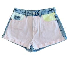 Excellent Preowned Condition Pacsun Mom Shorts Size 26 Pink, Yellow, White And Blue Denim Cuffed Design Perfect For Back To School Speedy Shipping And Smoke Free Home Pink Short Leg Bottoms For Spring, Pink Short-leg Bottoms For Spring, Pink Spring Shorts, Casual High Waist Pink Shorts, Pink Bottoms With Built-in Shorts And Relaxed Fit, Summer Cotton Color Block Shorts, Trendy Color Block Short Length Shorts, Multicolor Cotton Cutoff Bottoms, Multicolor Cutoff Shorts For Spring