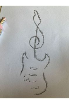 a pencil drawing of a guitar with a treble on it's back end