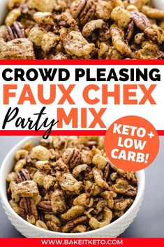 a bowl full of food with the words crowd pleasing faux chex party mix in it