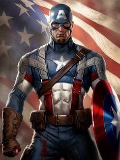 captain america standing in front of an american flag