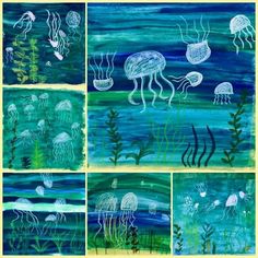 four different paintings of jellyfish and seaweed