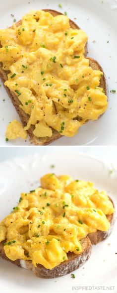 two pictures of scrambled eggs on toast