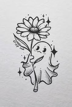 a drawing of an octopus holding a flower