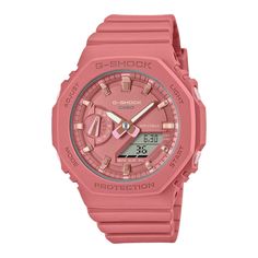 CASIO G-SHOCK GMA-S2100-4A2 "CASIOAK MINI" PINK A/D WATCH This series downsizes the GA-2100 to create a simple and slim design. The octagonal bezel, flat face, simple bar hour markers, and carbon core guard structure that are distinctive features of the GA-2100 are now available in a compact configuration. Basic Information Case size (L× W× H) 46.2 × 42.9 × 11.2 mm Weight 41 g Case and bezel material Carbon / Resin Band Resin Band Construction Shock Resistant Carbon Core Guard structure Water resistance 200-meter water resistance Power supply and battery life Approx. battery life: 3 years on SR726W X 2 Exterior Glass Mineral Glass Compatible band size 140 to 205 mm Other Neobrite Watch Features World time World time 31 time zones (48 cities + coordinated universal time), daylight saving on G Shock Watch, Casio G Shock Watches, New G Shock, Pink Watch, Elapsed Time, G Shock Watches, Watch Women, Unisex Watches, Casio G Shock