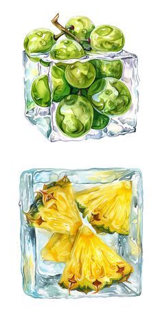 two ice cubes filled with green fruit and one has yellow flowers on the side