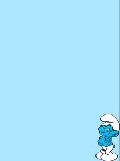 the smurch is standing in front of a blue background with an empty space for text