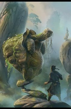 a man standing on top of a rock next to a giant turtle