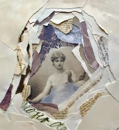 an altered photograph of a woman's body on torn up pieces of paper with words