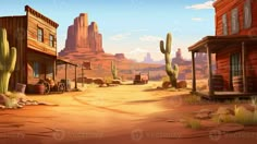 an old western town in the desert with cactus trees