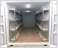 the inside of a storage container with shelves and shelvings on each side for storing items