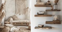 a living room filled with lots of shelves covered in decorative items next to a couch