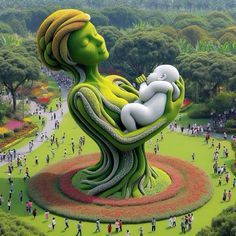 a painting of a woman holding a baby in her arms, surrounded by trees and people