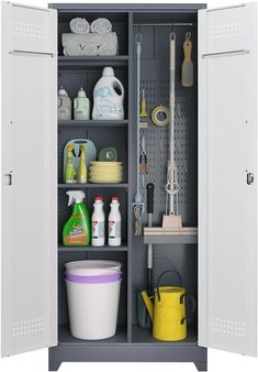 an open storage cabinet filled with cleaning supplies