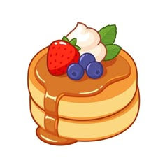 a stack of pancakes with berries and whipped cream on top, sitting next to each other