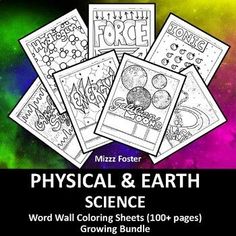 four coloring sheets with the words physical science on them in black and white, surrounded by colorful